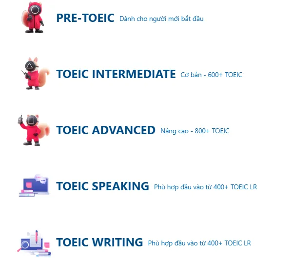 5 khóa học: Pre-TOEIC, Intermediate, Advanced, Speaking, Writing