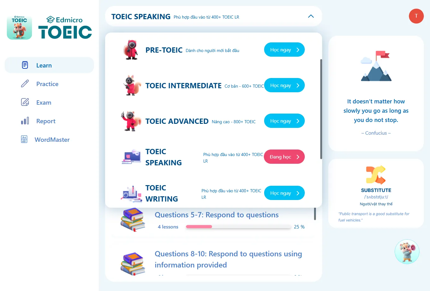Nền tảng Edmicro TOEIC: Pre-TOEIC, Intermediate, Advanced, Speaking, Writing