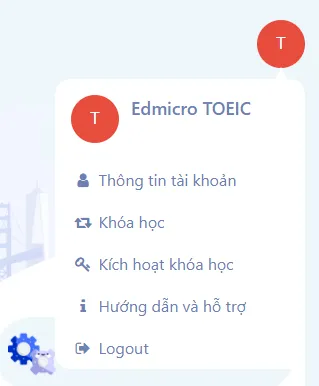 Menu tài khoản: Kích hoạt khóa học